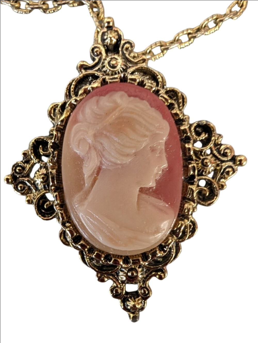 VINTAGE Necklace Cameo Gold Filigree Pendant-Brooch  Pink Cameo
